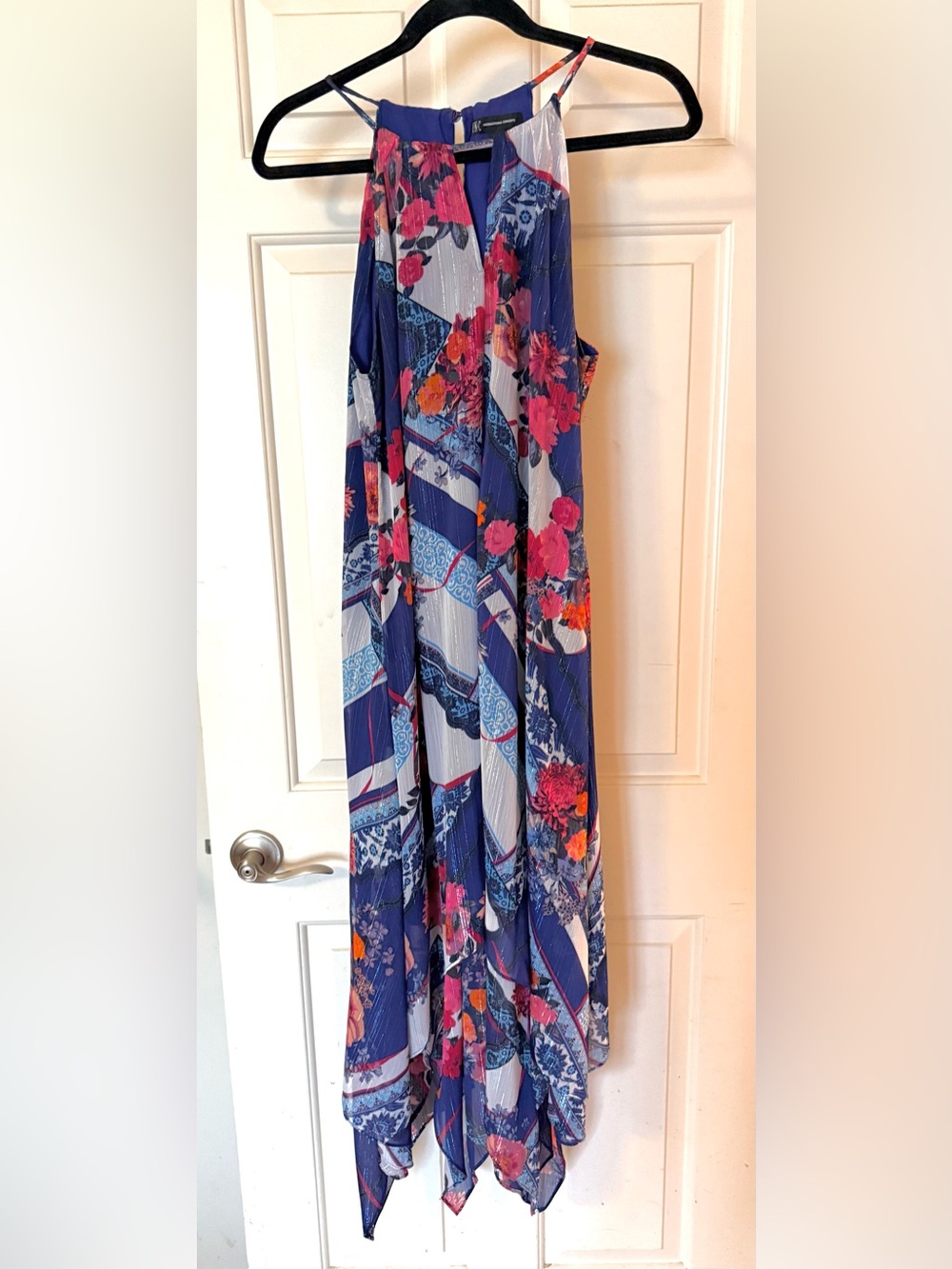 Floral Navy Blue Maxi Skirt with Pink Accents, Halter Top, Handkerchief Hem